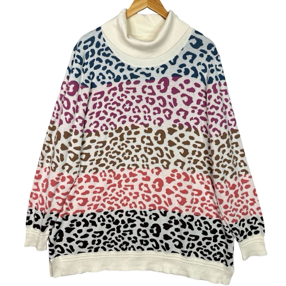 Soft Surroundings Leone Sweater 1X Rainbow‎ Leopard Print Turtleneck Longline